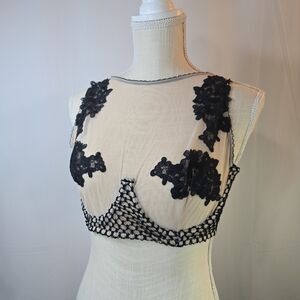 Victoria's Secret Dream Angels 38D Floral Lace High Neck Unlined Bra Nude/Black